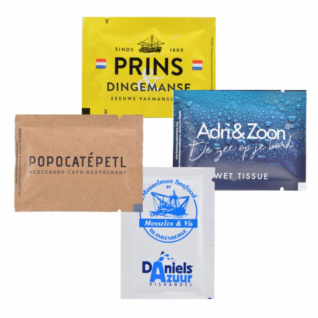 verfrissingsdoekjes 60c80mm in mat bruin kraft papier of kunststof PE met full colour bedrukking